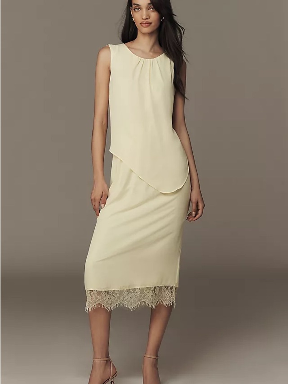 Anthropologie Pale Yellow Sleeveless Midi Dress with Lace Hem